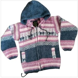 VTG Tejidos Ruminahui Alpaca Wool Zippered Hooded Sweater Jacket Tribal Aztec